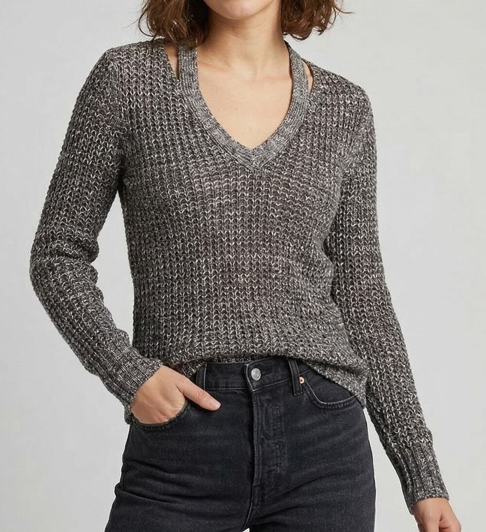 American Eagle Sweater XS Brown V Neck Flecks of White Asymmetrical Hem